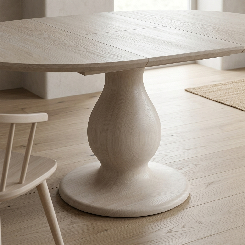Whitewash extendable pedestal dining table close-up detail view
