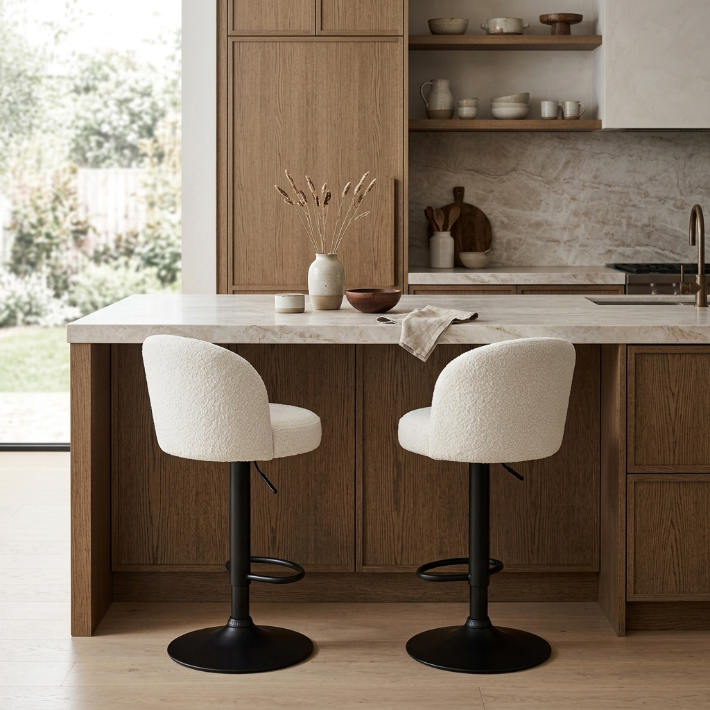 White boucle swivel counter stool styled in a room setting
