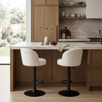 White boucle swivel counter stool styled in a room setting
