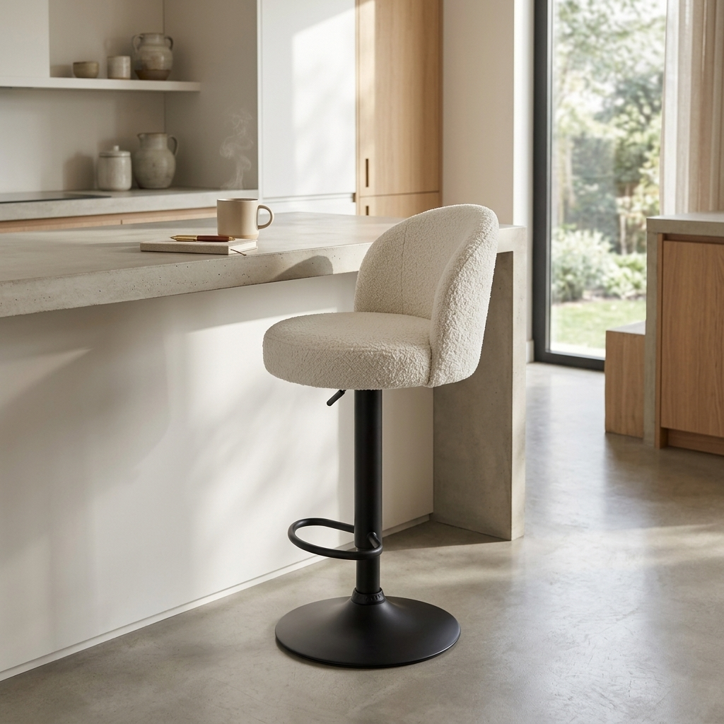 White boucle swivel counter stool angled lifestyle view