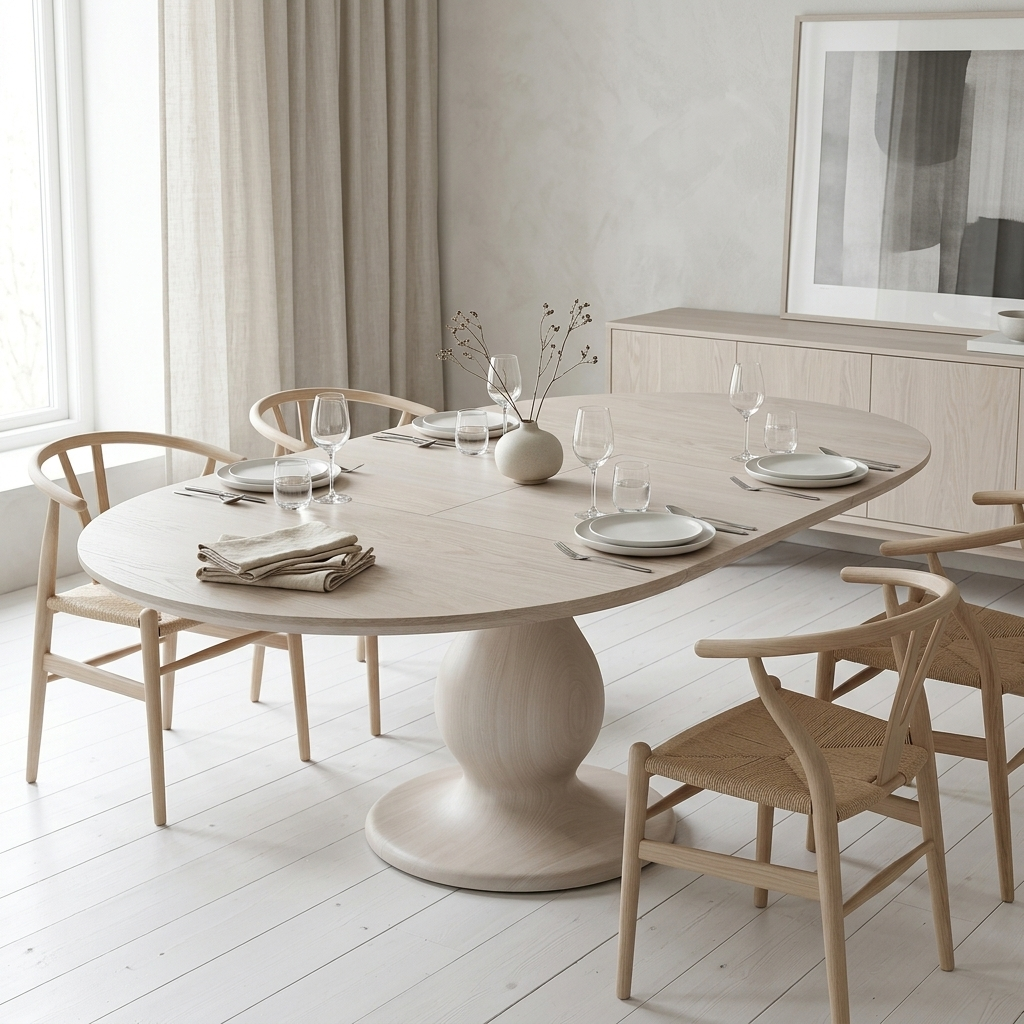 Whitewash extendable pedestal dining table angled lifestyle view