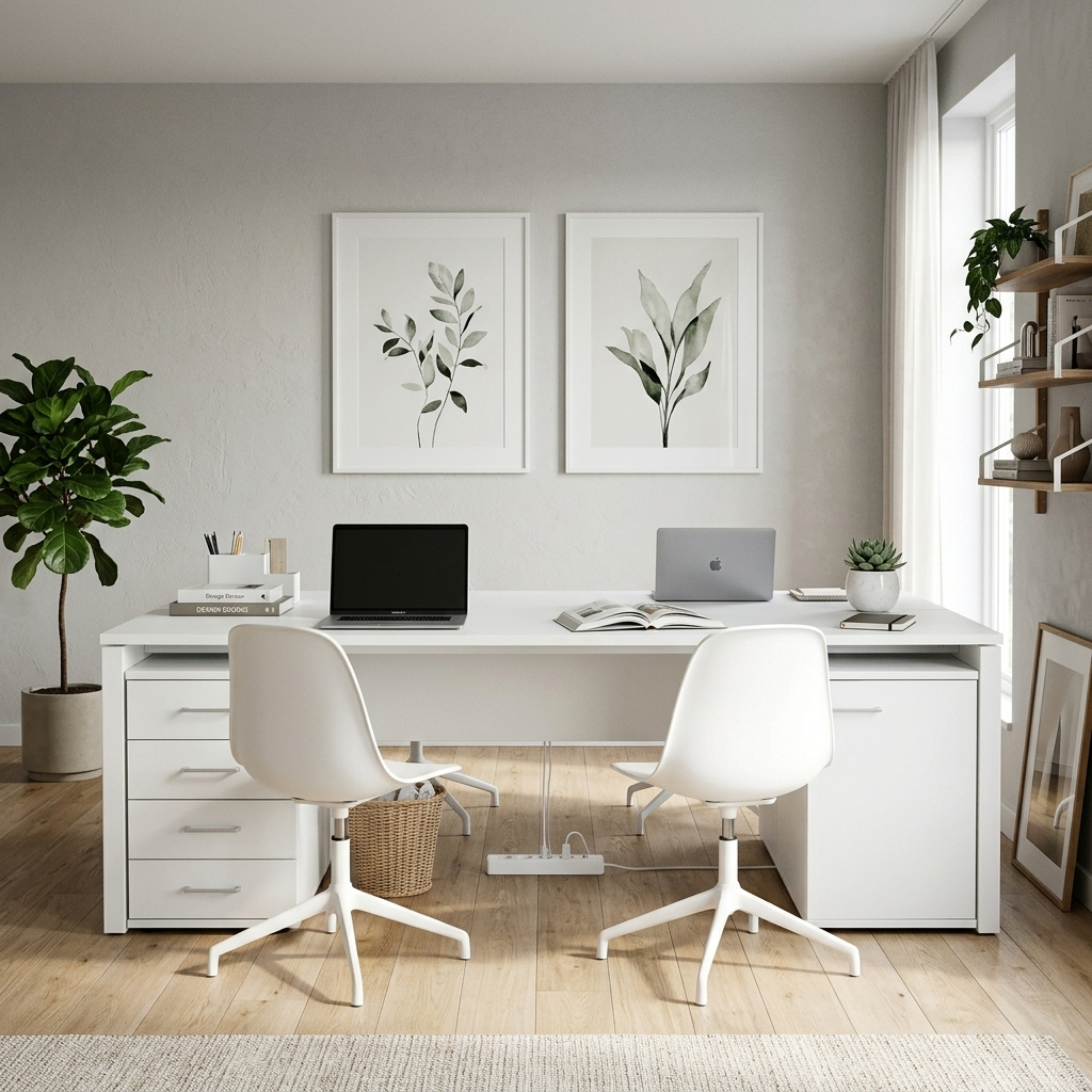 White two-person office desk styled in a room setting
