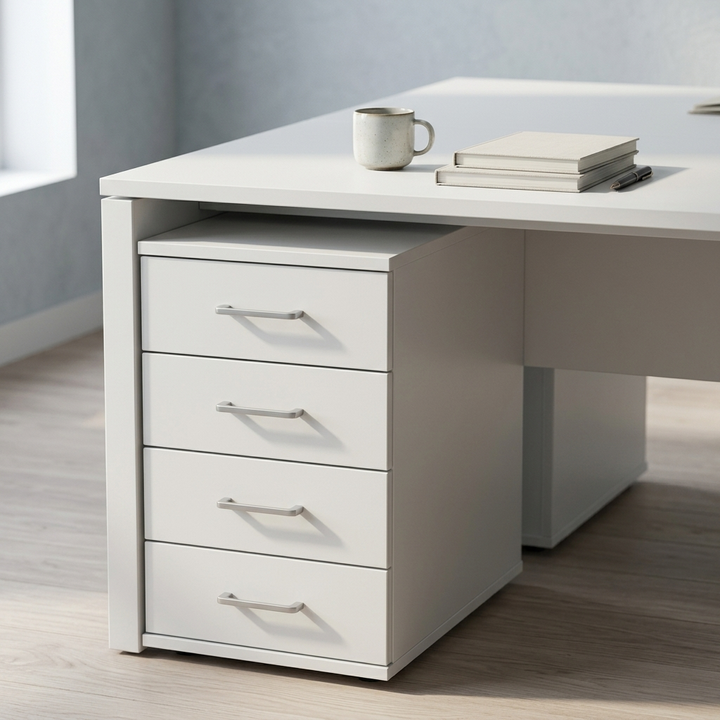 White two-person office desk close-up detail view