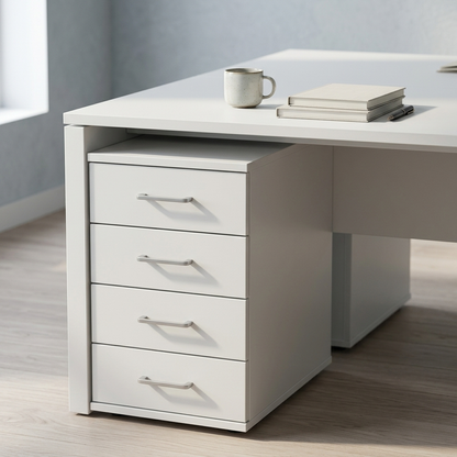 White two-person office desk close-up detail view